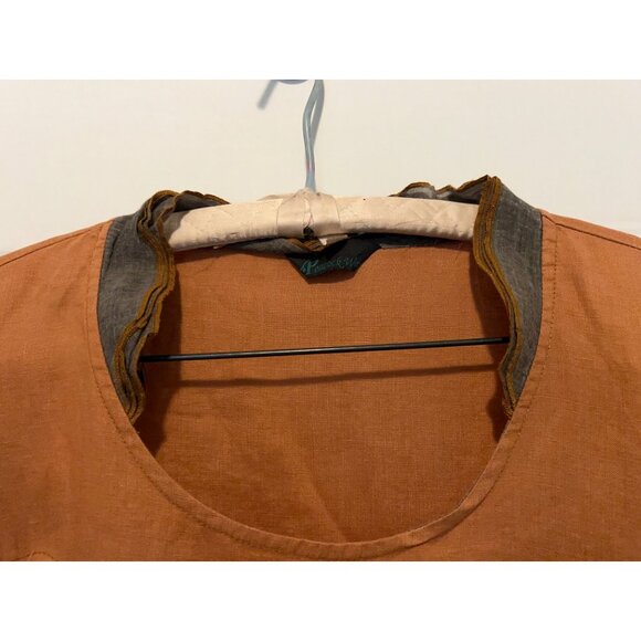 Peacock Ways Linen Blend Tunic Dress Orange Boho Artsy Asymmetrical Hem Embroide - Picture 12 of 14